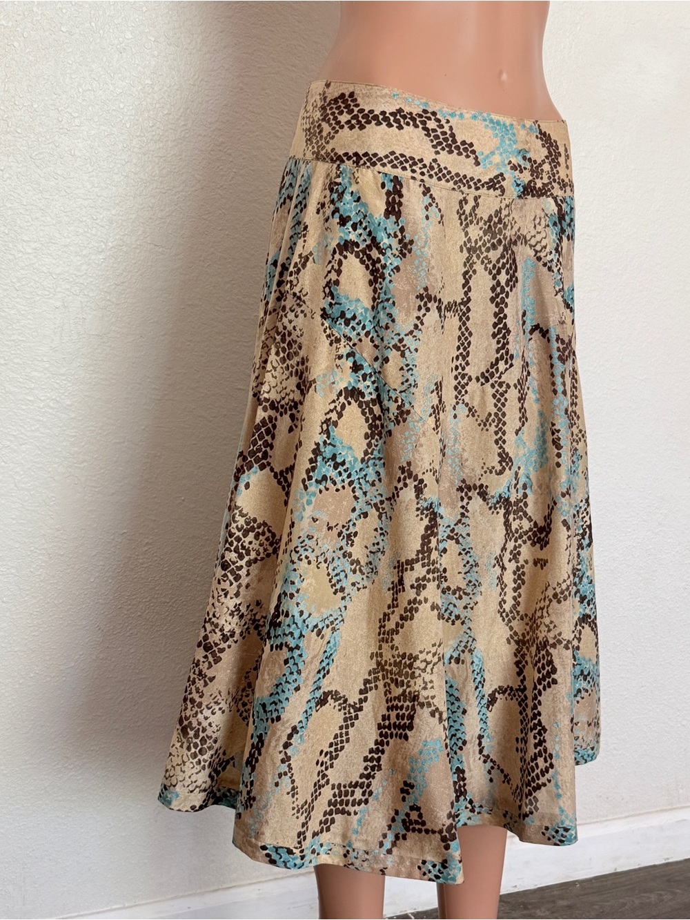 Coldwater Creek Tan Teal Snakeskin Print Cotton/Silk Midi Skirt sz Petite Large